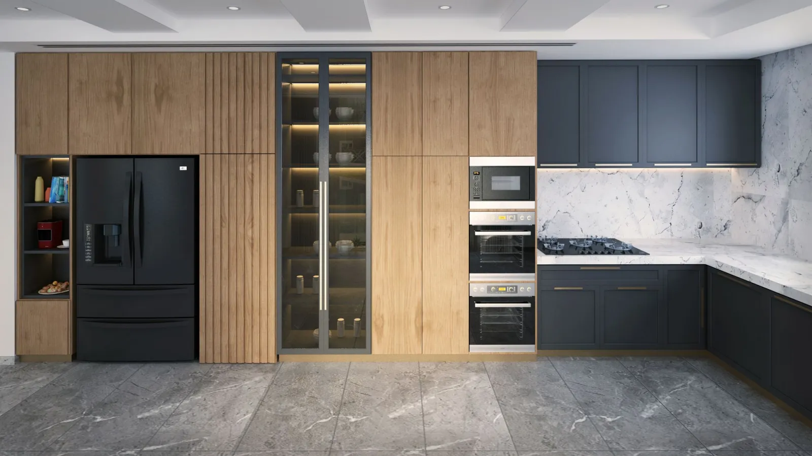 Contemporary kitchen with timber cabinetry and a marble splashback