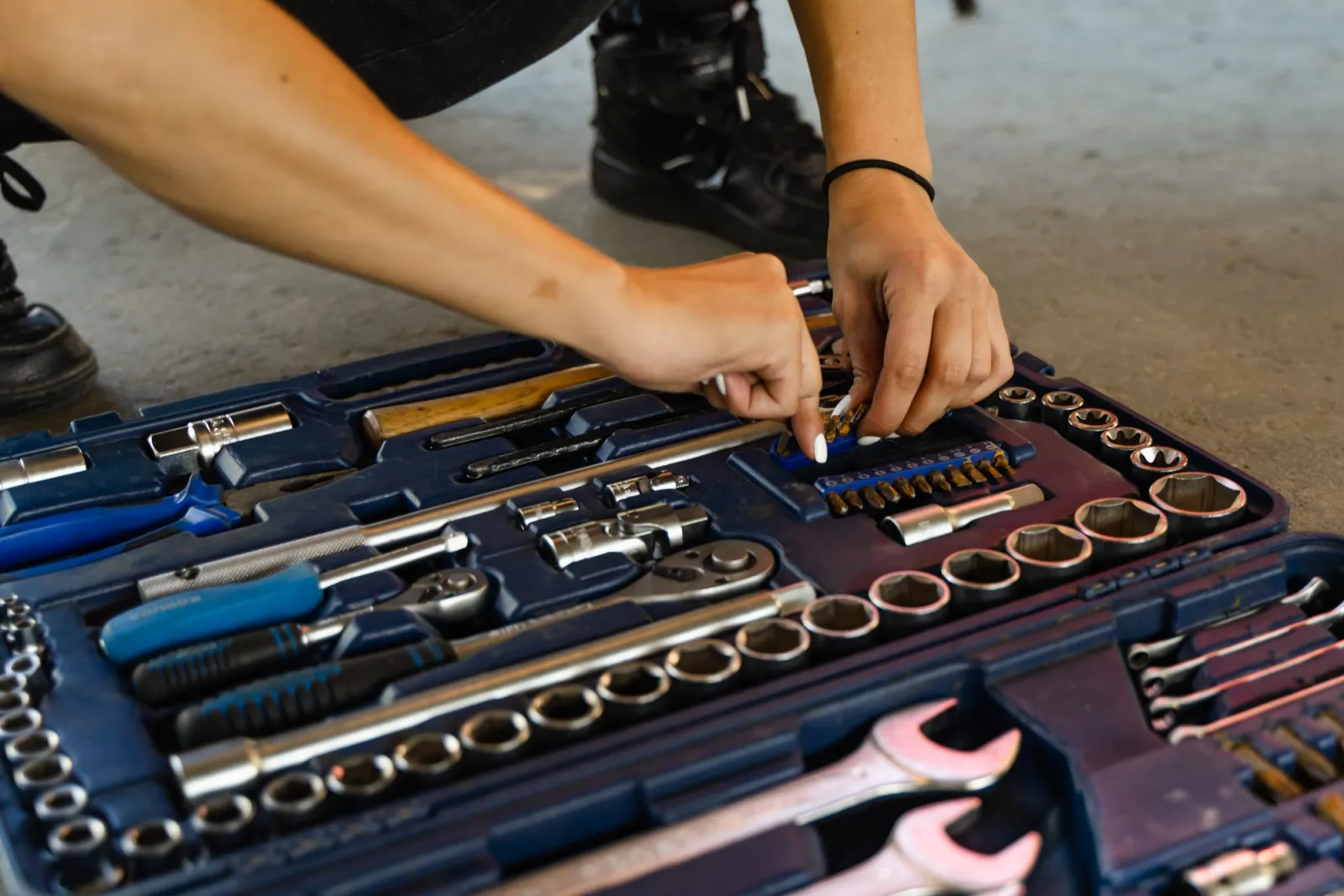 Organised toolbox with hand tools for repair work