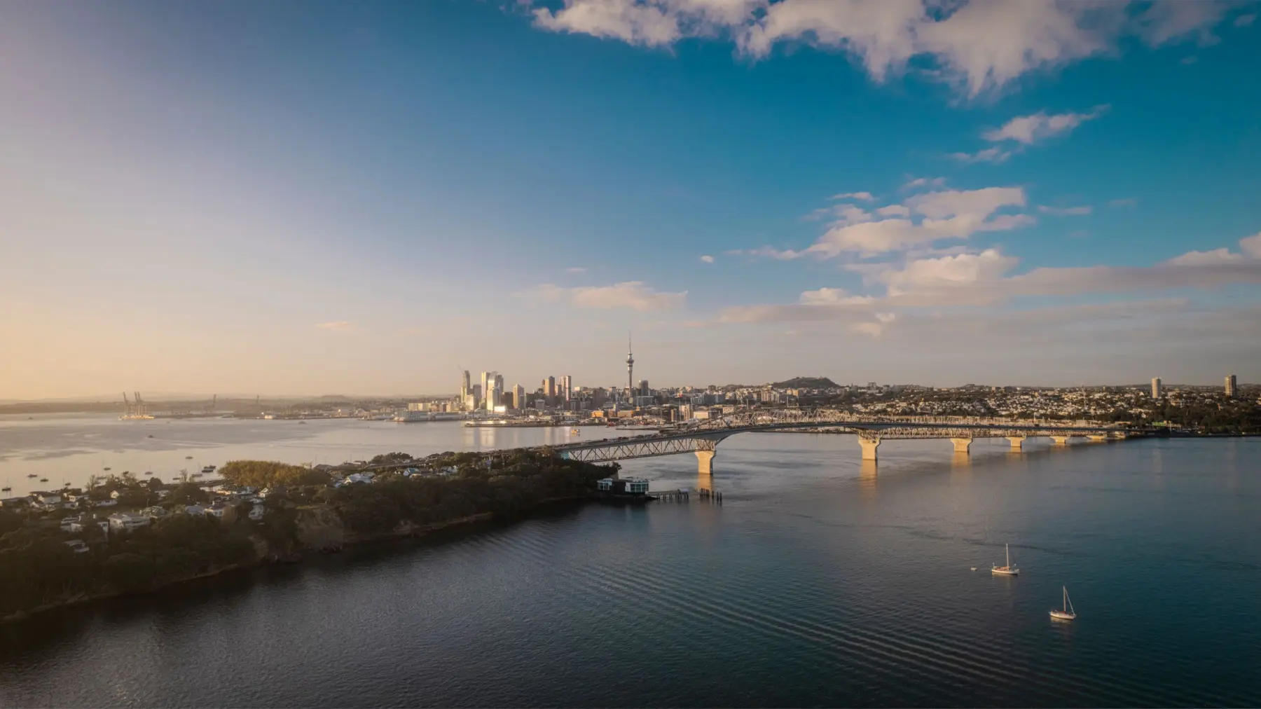 Auckland Harbour Bridge and the water at dusk